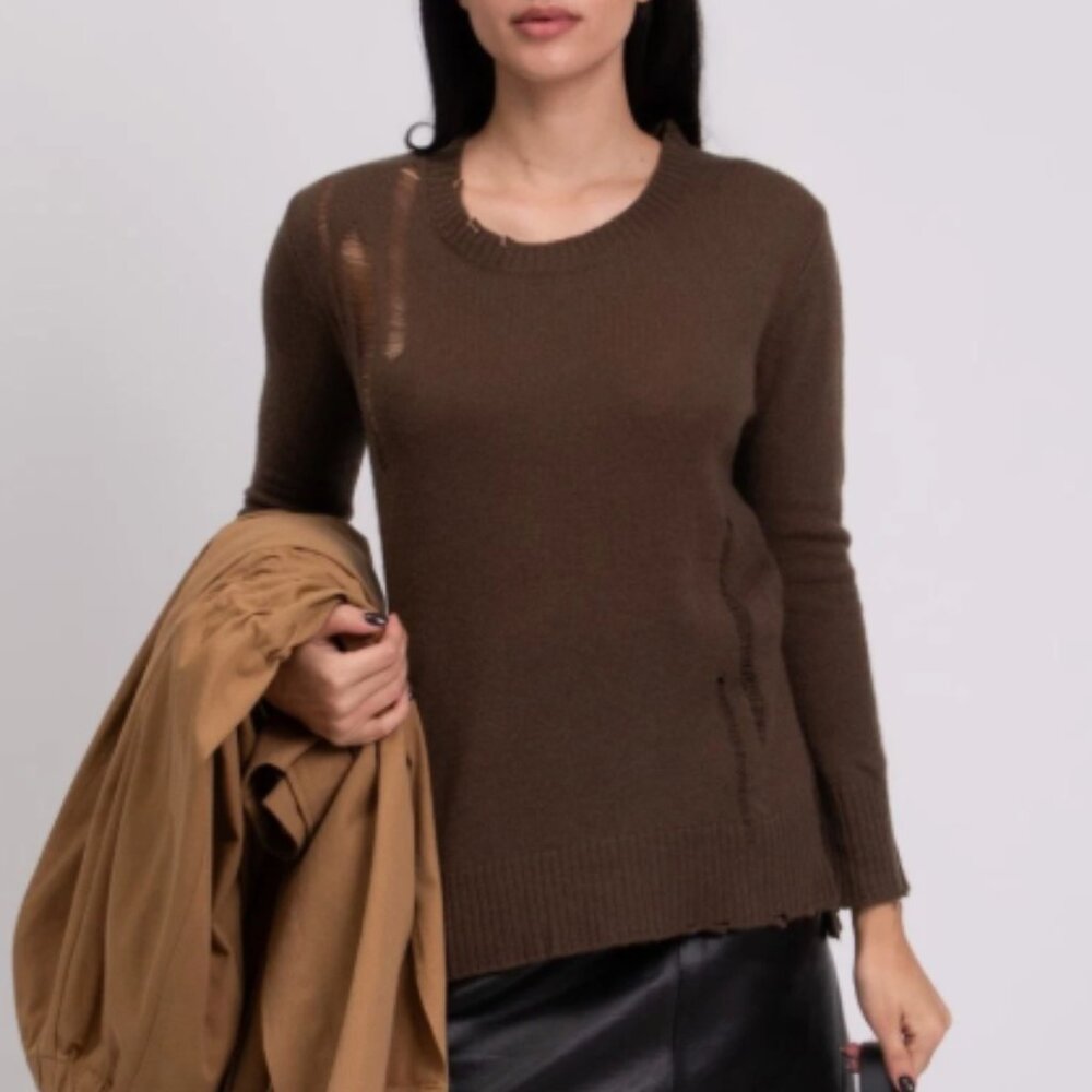 Enza Costa Cashmere Wool distressed women’s sweater small brown loose knit torn